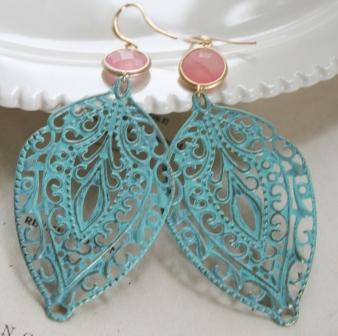 Surfside Earrings TS F-116-earrings, dangle, filigree, brass, coral quartz cabochon, 14kt. gold fill earwire, summertime, coral, aqua, surfside, feminine, wholesale, tippy stockton