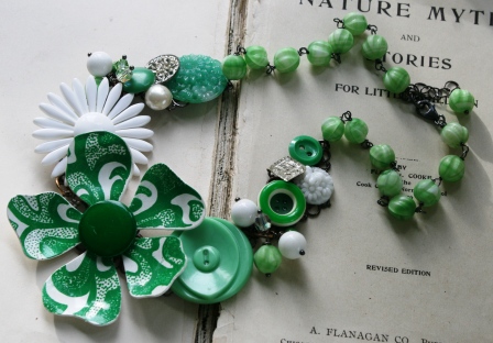 The Shannon Necklace-necklace, wirewrapped, brooch, repurposed, green, white, irish, st patricks day, vintage glass, vintage brooches, vintage buttons, oxidized sterling silver, vintage glass beads