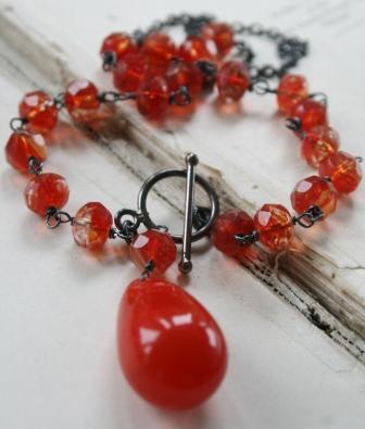 Taos Sunset Necklace-necklace, wirewrapped, fire red, orange, vintage glass, toggle closure, summertime, faceted glass, fun, feminine, wholesale, tippy stockton