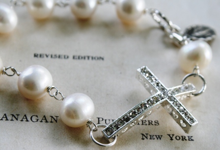 Blessed Bracelet in Fresh Water Pearl-bracelet, wirewrapped, cross, sterling silver, rhinestone, religious, virgin mary charm, fresh water pearl, plump, creamy white, lovely, wholesale, tippy stockton 