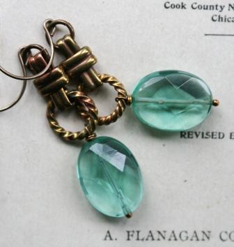 The Glendalough Earrings-earrings, chain, green faceted vintage glass, brass earwires, glendalough, matching necklace, feminine, wholesale, holidays, tippy stockton 