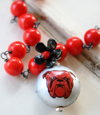 Red Bulldog Bottle Cap Pendant Necklace-necklace, wirewrapped, red bull dog, bottle cap pendant, enamel flower, oxidized sterling silver, football team, fall/autumn, tippy stockton, wholesale