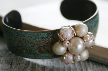 The Avery Cuff Bracelet-bracelet, cuff, verdigris, brass, vintage pearl, feminine, pretty, wholesale, tippy stockton