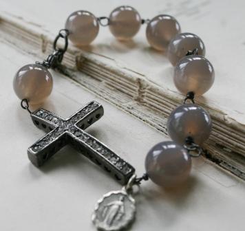 Blessed Bracelet - Gray Chalcedony-bracelet, blessed, gray chalcedony, semi-precious, cross, rhinestone, religious, oxidized sterling silver, feminine, wholesale, tippy stockton 