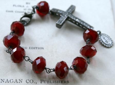 Blessed Bracelet in Vintage Red-bracelet, wirewrapped, vintage, cross, rhinestone, religios, oxidized sterling silver, red glass, feminine, wholesale, tippy stockton 