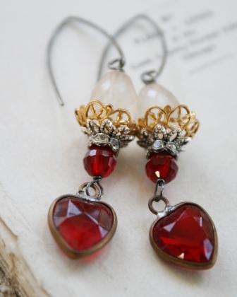 The Heartsong Earrings-earrings, dangle, red heart, vintage, vintage glass, vintage rhinestone spacer, oxidized sterling silver, heartsong, valentines day, feminine, pretty, wholesale, tippy stockton 