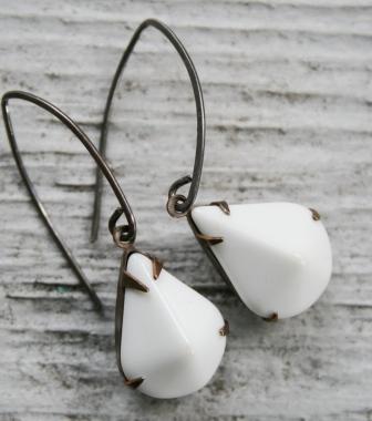 White JEWEL Earrings-earrings, dangle, vintage, opaque white, czech glass, simple, feminine, oxidized sterling silver, wholesale, tippy stockton 