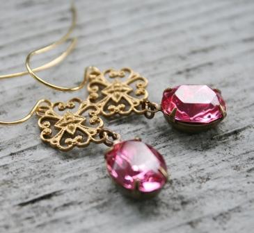 The Georgia Earrings-earrings, antiquities, jeweltones, pink, faceted cabochon, vintage, brass, 14kt. gold filled earwires, feminine, wholesale, tippy stockton 