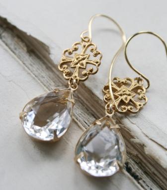 The Georgia Earrings - Clear Pear-earrings, antiquities, vintage glass, vintage cabochons, brass, feminine, pear shaped, clear glass, jeweltones, wholesale, tippy stockton 