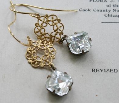The Paige Earrings-earrings, dangle, vintage glass cabochons, filigree, feminine, sweet, paige, brass, 14kt. gold earwires, wholesale, tippy stockton 