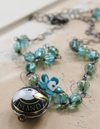 RETRO Soda Cap Necklace - Vintage Goose Island Cap-necklace, vintage bottle cap necklace, RETRO, goose island cap, teal vintage glass beads, oxidized sterling silver, enamel flower, summertime, wholesale, tippy stockton 