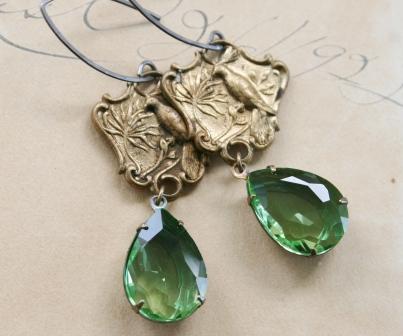 The Sparrow Earrings-earrings, dangle, vintage engraved stamping, vintage peridot cabochons, brass, oxidized sterling silver, feminine, springtime, wholesale, tippy stockton 