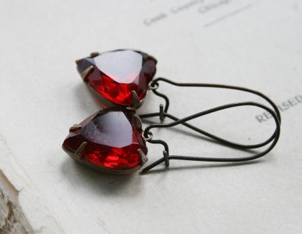 Red SWEET Earrings-earrings, dangle, hearts, vintage glass cabochons, red, sweet, sweetheart, valentines day, feminine, wholesale, tippy stockton 