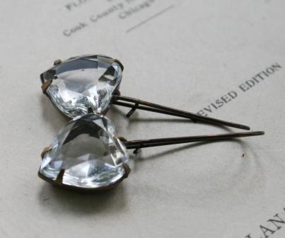 Clear SWEET Earrings-earrings, dangle, sweet, sweetheart, vintage glass heart cabochons, brass, feminine, valentines day, wholesale, tippy stockton 