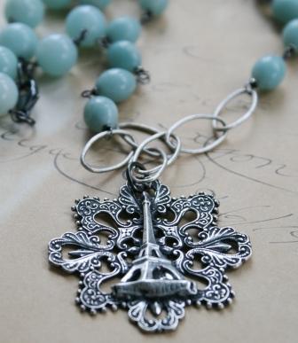 The Rue de Eiffel Necklace-necklace, wirewrapped, eiffel tower, filigree, cast, oxidized sterling silver, amazonite, semi precious, lovely, french, wholesale, tippy stockton