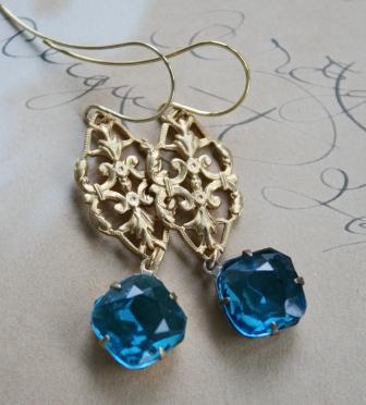 The Stella Earrings-earrings, filigree, sea blue cabachons, 14kt gold earwires, brass, fun, feminine, sophisticated, springtime, wholesale, tippy stockton