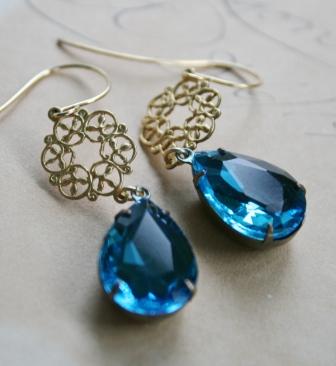The Eleanor Earrings-earrings, dangle, filigree, brass, 14kt gold earwires, vintage cabachon, sea blue, springtime, lovely, feminine, wholesale, tippy stockton