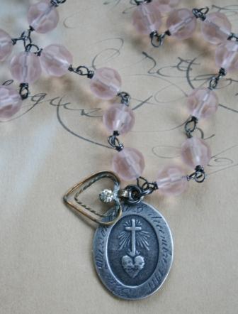 The Michaela Necklace-necklace, antiquities, sacred heart, nuns medal, michaela, vintage glass, vintage heart, oxidized sterling silver, wirewrapped, feminine, wholesale, tippy stockton 