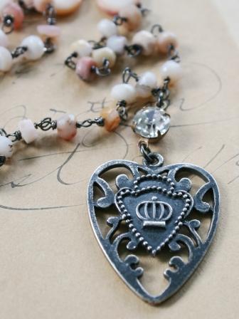 The Queens Heart Necklace-necklace, wirewrapped, peruvian opals, pink, peach, queens heart, oxidized sterling silver, sweet, feminine, mother's day, wholesale, tippy stockton 