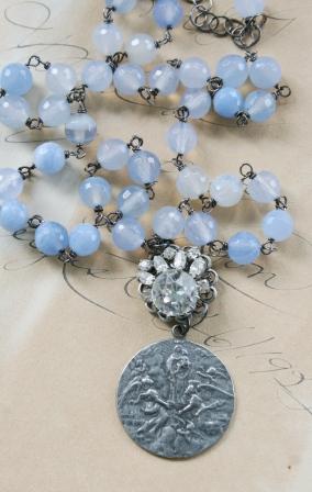 Sky Blue Agate, Vintage Cast Pendant, Rhinestone - The Ciel Bleu Necklace-necklace, wirewrapped, oxidized sterling silver, vintage french cast pendant, rhinestone, sky blue faceted agate, lovely, simple, wholesale, tippy stockton 