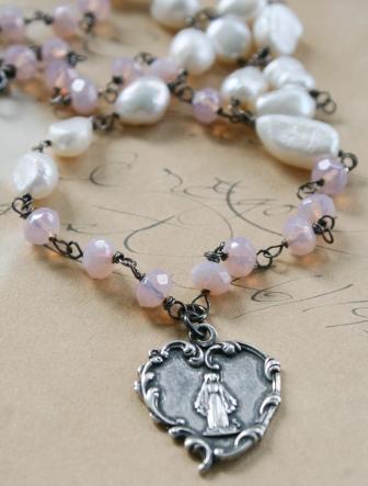 The Lourdes Necklace-necklace, wirewrapped, lourdes, baroque pearls, oxidized sterling silver, heart shaped pendant, blessed mary, easter, mother's day, wholesale, tippy stockton 
