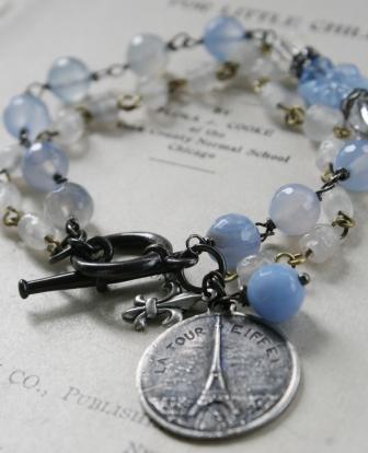 The Rue de Eiffel Bracelet-bracelet, wirewrapped, oxidized sterling silver, eiffel tower casting, fleur de lis, agate, sky blue, rosary chain, vintage, wholesale, tippy stockton