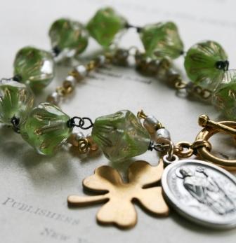 St. Patrick Bracelet-bracelet, wirewrapped, vintage glass, vintage japanese glass, vintage rosary chain, brass, oxidized sterling silver, st patrick, shamrock,
brass, lucky, wholesale, tippy stockton 