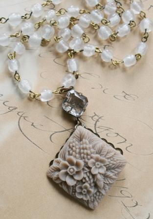 The Collette Necklace in Sand-necklace, rosary chain, vintage cellulose, vintage cabochon, brass, pretty, sand, feminine, collette, antiquities, wholesale, tippy stockton 