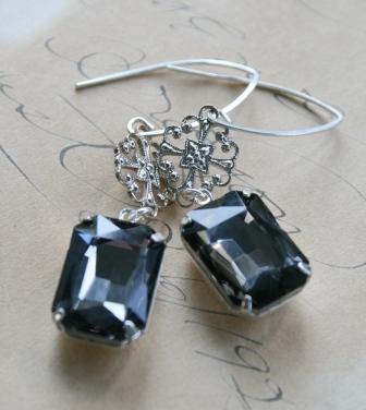 The Piccadilly Earrings-earrings, sterling silver, gray octagon, vintage czech glass, filigree, bright silver, dangle, feminine, wholesale, tippy stockton