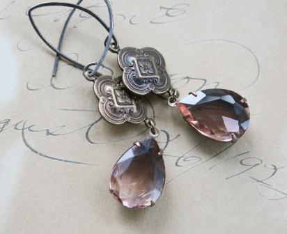 The Corinne Earrings-earrings, dangle, peony, czech glass, vintage, brass, lovely, feminine, corinne, antiquities, wholesale, tippy stockton 