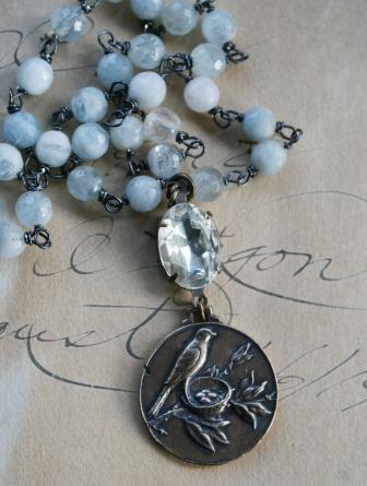 The Christopher Necklace-necklace, wirewrapped, oxidized sterling silver, brass casting, cabovhon, aquamarine, springtime, christopher robin, pooh, wholesale, tippy stockton
