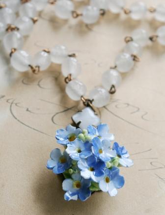 Forget Me Not Necklace - Vintage Ainsley China Pendant-necklace, rosary chain, vintage brooch, english china, forget me not, milk glass, springtime, lovely, feminine, wholesale, tippy stockton
