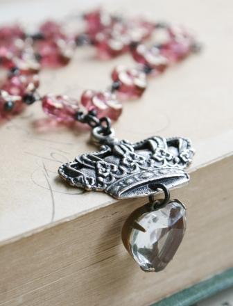 The Ainsley Necklace-necklace, wirewrapped, ainsley, crown, queen, heart, pink glass beads, vintage, casting, springtime, oxidized sterling silver, wholesale, tippy stockton 