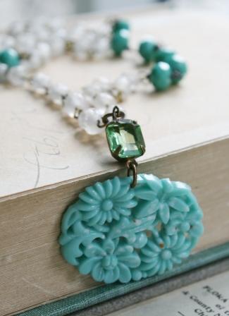 The Charlie Necklace-necklace, wirewrapped, rosary chain, spring green, aqua, glass pendant, vintage cabochon, oxidized sterling silver, wholesale, tippy stockton 