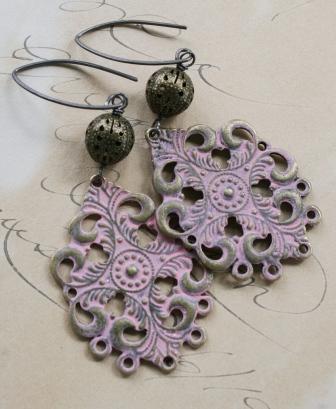 The Petal Earrings-earrings, dangle, filigree, petal pink, brass, oxidized sterling silver, summertime, sweet, feminine, wholesale, tippy stockton