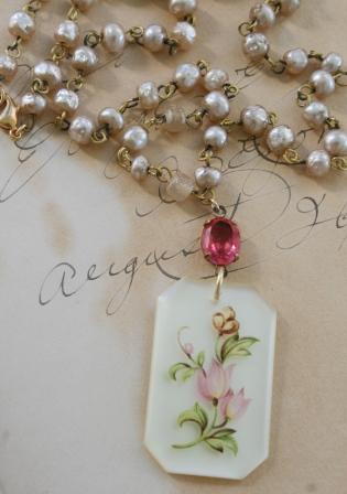 The Lucy Necklace-necklace, rosary chain, vintage cameo, vintage cameo, tulip, springtime, pearls, glass pearls, japanese, wholesale, tippy stockton