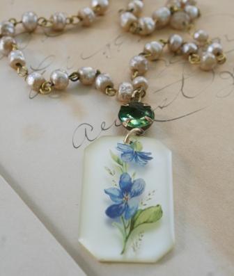 The Nicole Necklace-necklace, rosary chain, vintage, vintage cameo, vintage cabochon, blue, delphinium, green cabachon, springtime, nicole, wholesale, tippy stockton 
