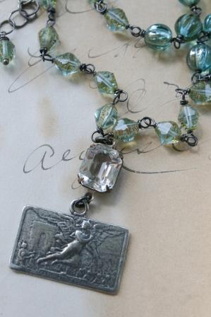 The Gabriella Necklace - Vintage Pendant and Beads-necklace, wirewrapped, oxidized sterling silver, vintage angel pendant, french, vintage cabochon, vintage beads, feminine, wholesale, tippy stockton