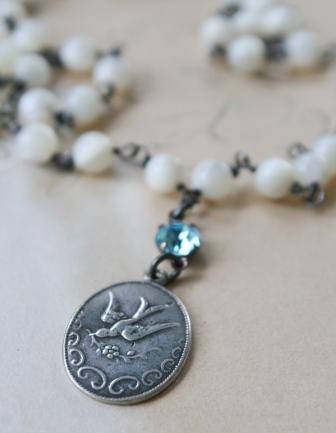The Swallow Necklace - Vintage Bird Pendant w/Mother of Pearl-necklace, wirewrapped, tippy stockton, swallow, bird motif, vintage, mother of pearl, aqua vintage cabochon, oxidized sterling silver, wholesale, tippy stockton 