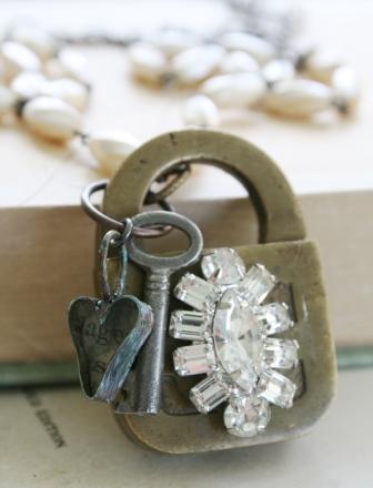 Lock & Key Vintage Necklace - Vintage Rosary Chain, Padlock with Rhinestone Center, Tiny Key & Heart Charm-necklace, rosary chain, padlock, rhinestone, skeleton key, heart charm, oxidized chain, vintage pearl, steampunk, antiquities, wholesale, tippy stockton 