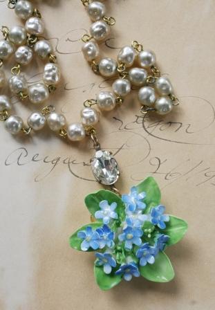 The Forget Me Not Necklace - Vintage Ainsley Bone Pendant-necklace, vintage ainsley china brooch, forget me nots, vintage rosary chain, rhinestone cabochon, springtime, wholesale, tippy stockton 
