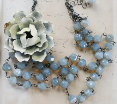 Vintage Pendant and Beaded Necklace - The Meaghan Necklace-necklace, vintage, vintage brooch, vintage glass beads, gray, yellow, fresh, summertime, feminine, meaghan, wirewrapped, oxidized sterling silver, wholesale, tippy stockton