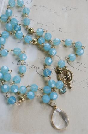 The Santa Lucia Necklace - Pacific Opal Swarovski Crystal & Quartz-necklace, wirewrapped, gold vermeil, clear quartz, pacific opal, aqua, santa lucia, opera length, feminine, wholesale, tippy stockton 