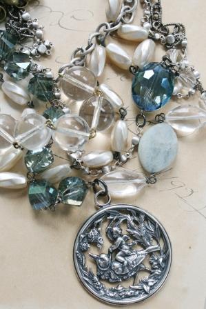 The Joey Necklace - Vintage Glass & Boy and Bird Pendant-necklace, wirewrapped, joey, boy and bird motif, blue vintage glass, clear glass, vintage rosary chain, oxidized sterling silver, 4 layer necklace, wholesale, tippy stockton 
