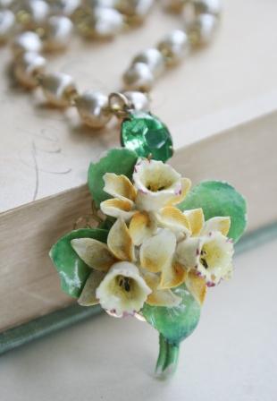 The Daphne Necklace - Vintage Daffodil Pendant-necklace, vintage ainsley bone chine brooch, daffodils, yellow, green, springtime, lovely, feminine, vintage rosary chain, wholesale, tippy stockton 