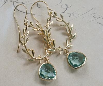 The Biscayne Earrings - Teardrop Hoops & Aqua Quartz Cabochons-earrings, dangle, gold filled earwires, aqua quartz, wreath hoops, leaves, biscayne, summertime, wholesale, tippy stockton 