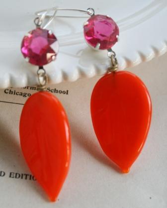 Fuschia Leaf JEWEL Earringsearrings dangle orange fuschia pink 