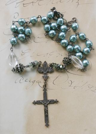 Vintage Glass Pearls, Fleur de Lis Rosary, Oxidized Sterling Silver - The Mathilde Necklace-necklace, wirewrapped, vintage blue glass pearls, miriam haskell, fleur de lis, rosary connector, cross, rhinestone, lovely, feminine, wholesale, tippy stockton