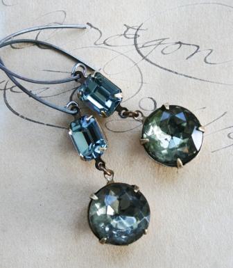 Vintage Cabochons on Oxidized Sterling Silver - The Parisian Bleu Earrings-earrings, parisian, blue, gray, vintage cabochons, round, octagon, oxidized sterling silver, handmade earwires, lovely, feminine, wholesale, tippy stockton 