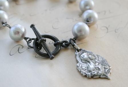 Fresh Water Pearls and a Vintage Cast Charm - The Marielle Bracelet-bracelet, fresh water pearl, dove gray, blessed mother, charm, vintage cast, oxidized sterling silver, lovely, feminine 